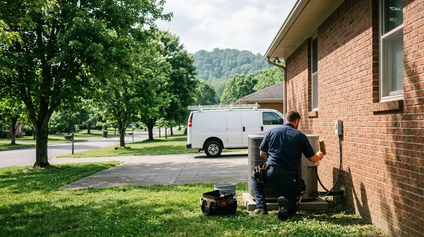 Technician cleaning a heat pump coil at a brick home with hills behind