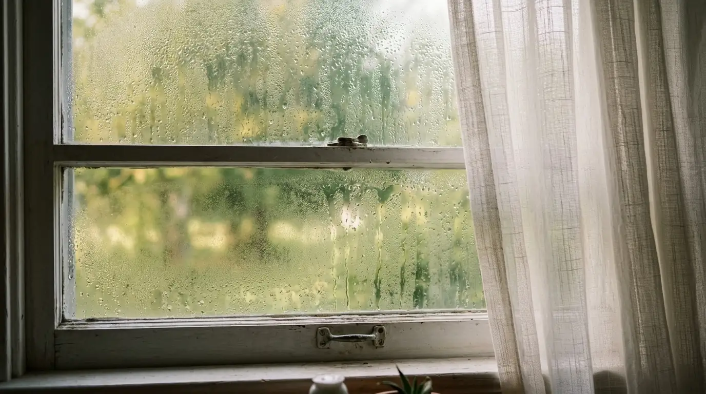 Condensation on a window on a muggy morning