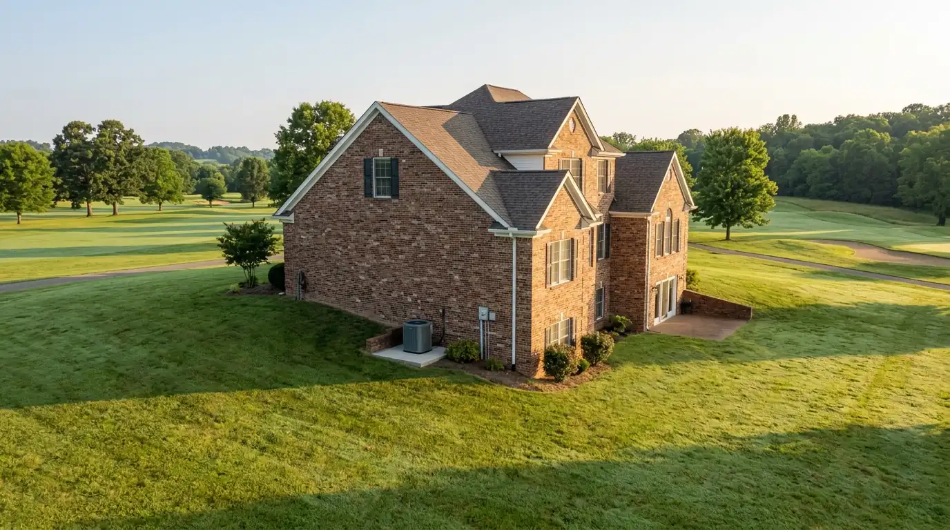 Two-story home with walkout basement beside a golf fairway
