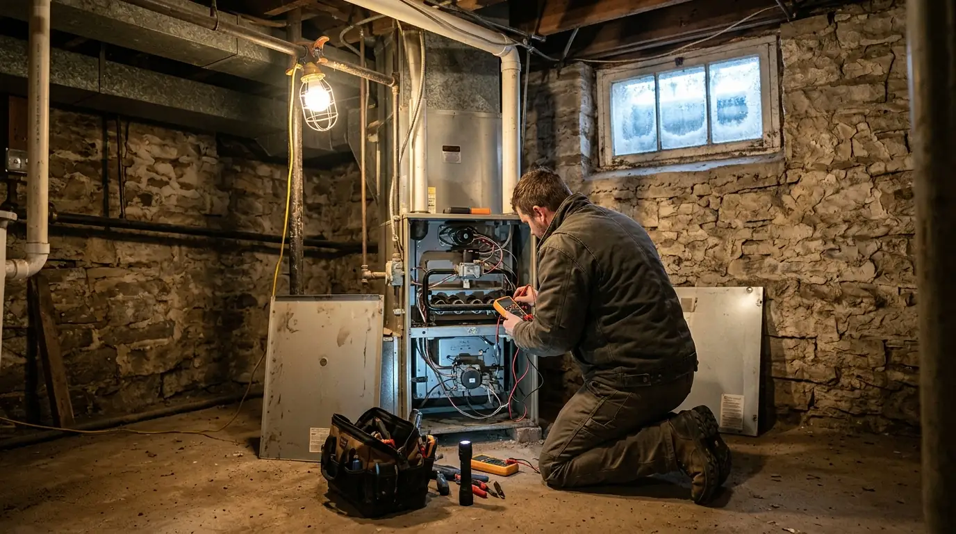 Technician testing a gas furnace burner assembly in a Lexington basement
