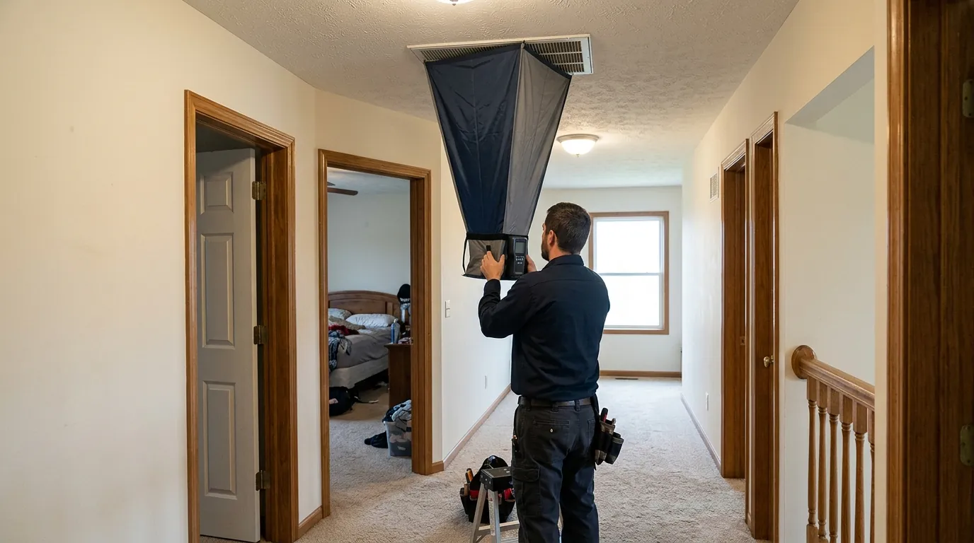 Technician measuring room airflow at a ceiling register